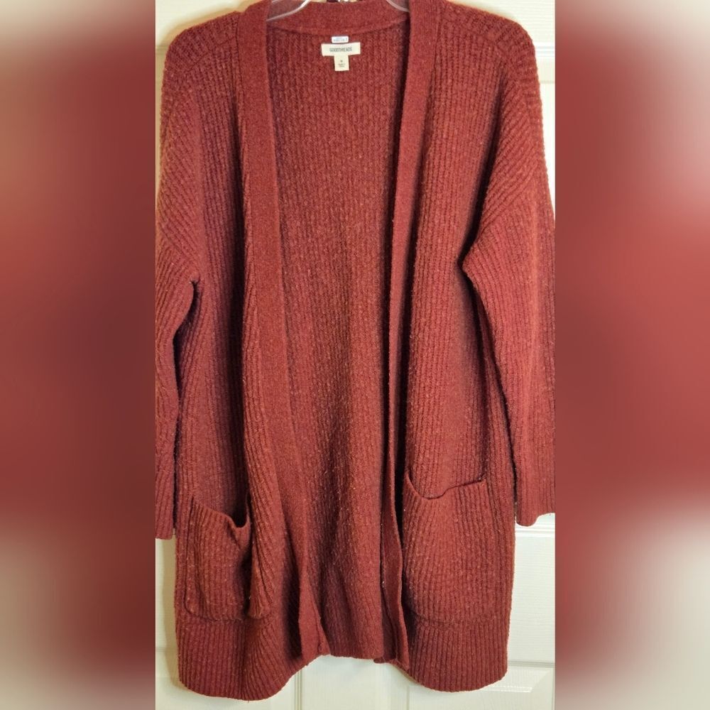 Goodthreads M BurntAmber Waffel Knit Pockets WOOL Blend Lslv Women Open Cardigan